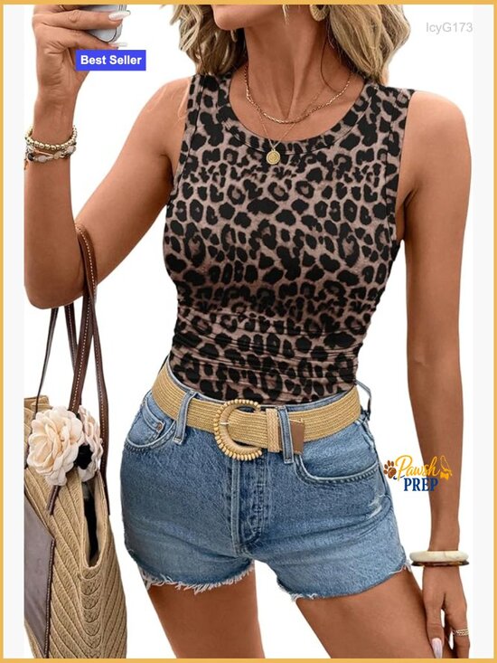 Tops - Leopard Ruched Crew Neck Sleeveless Tank Top Fitted